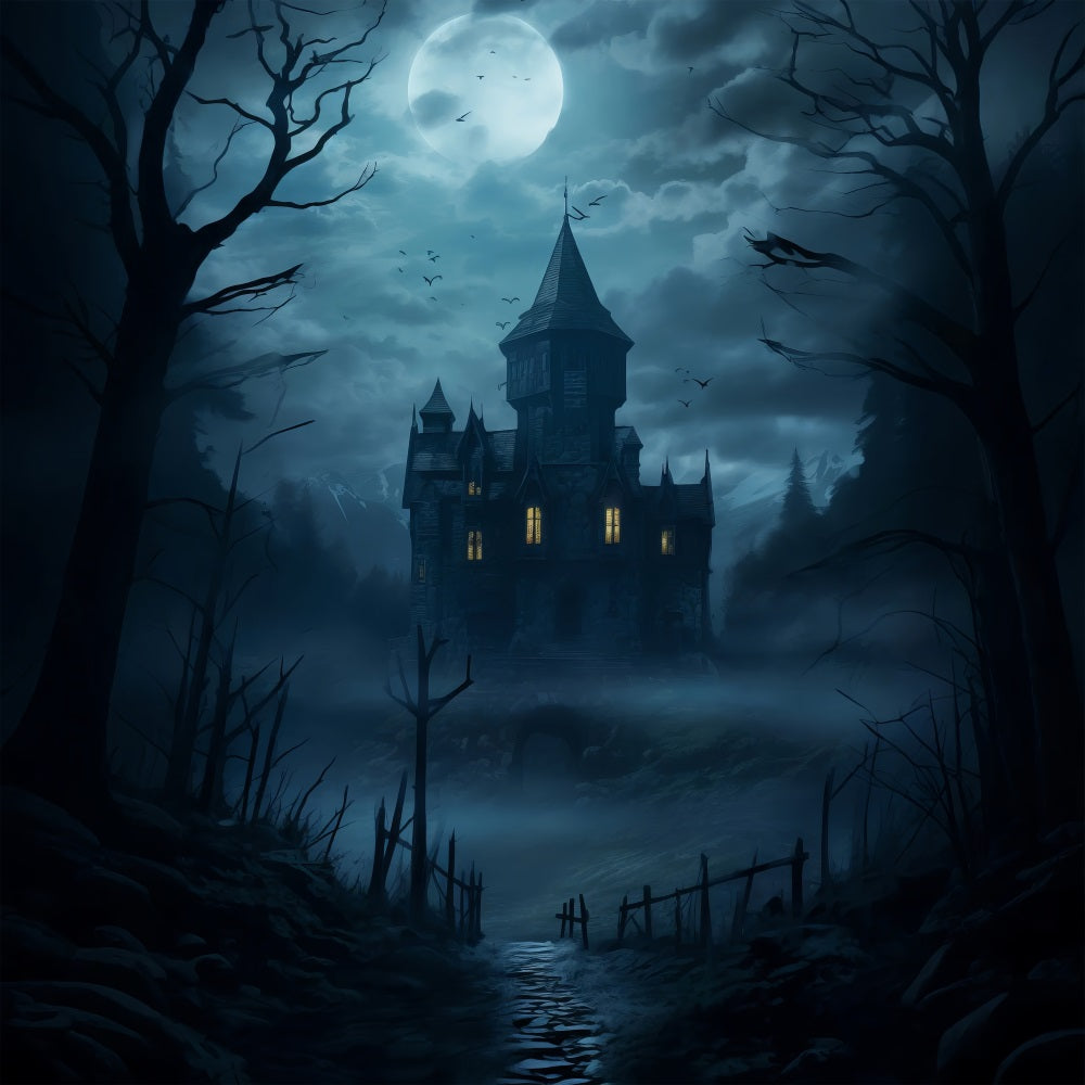 Photography Backdrop Halloween Foggy Night Spooky Castle Backdrop BRP10-226