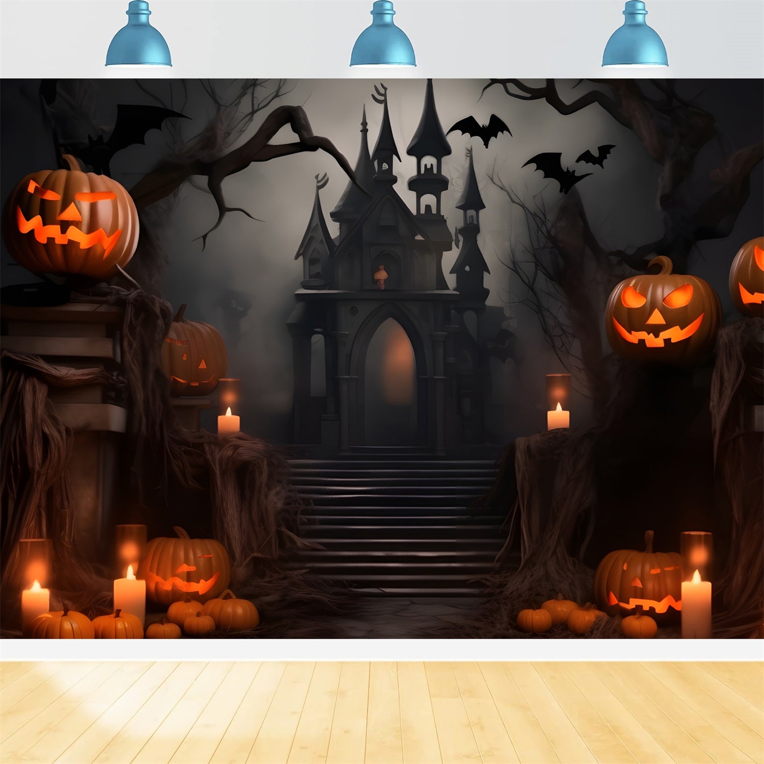 Halloween Castle Backdrop Dark Gothic Creepy Pumpkins Backdrop BRP10-229