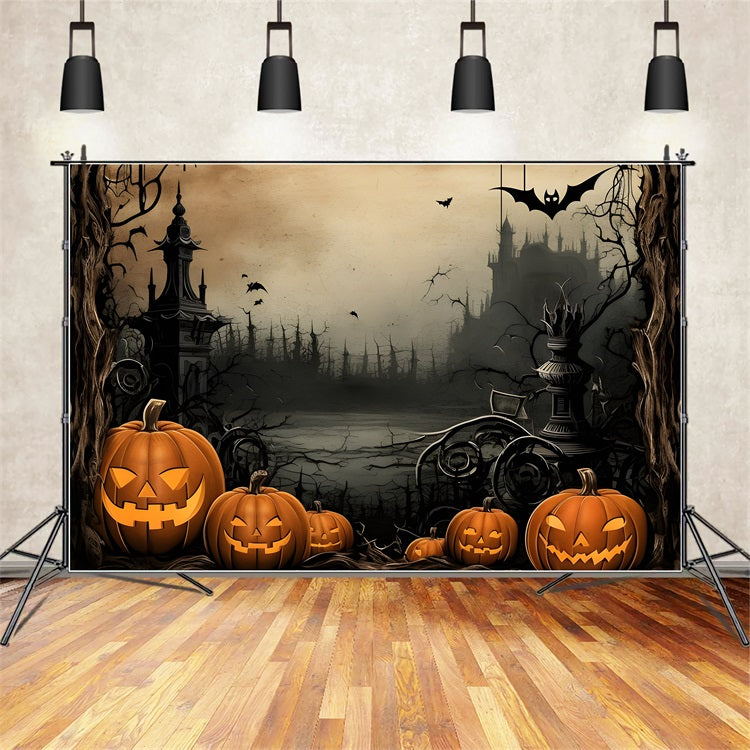 Backdrop Halloween Pillars Shadows Pumpkins Bats Backdrop BRP10-232