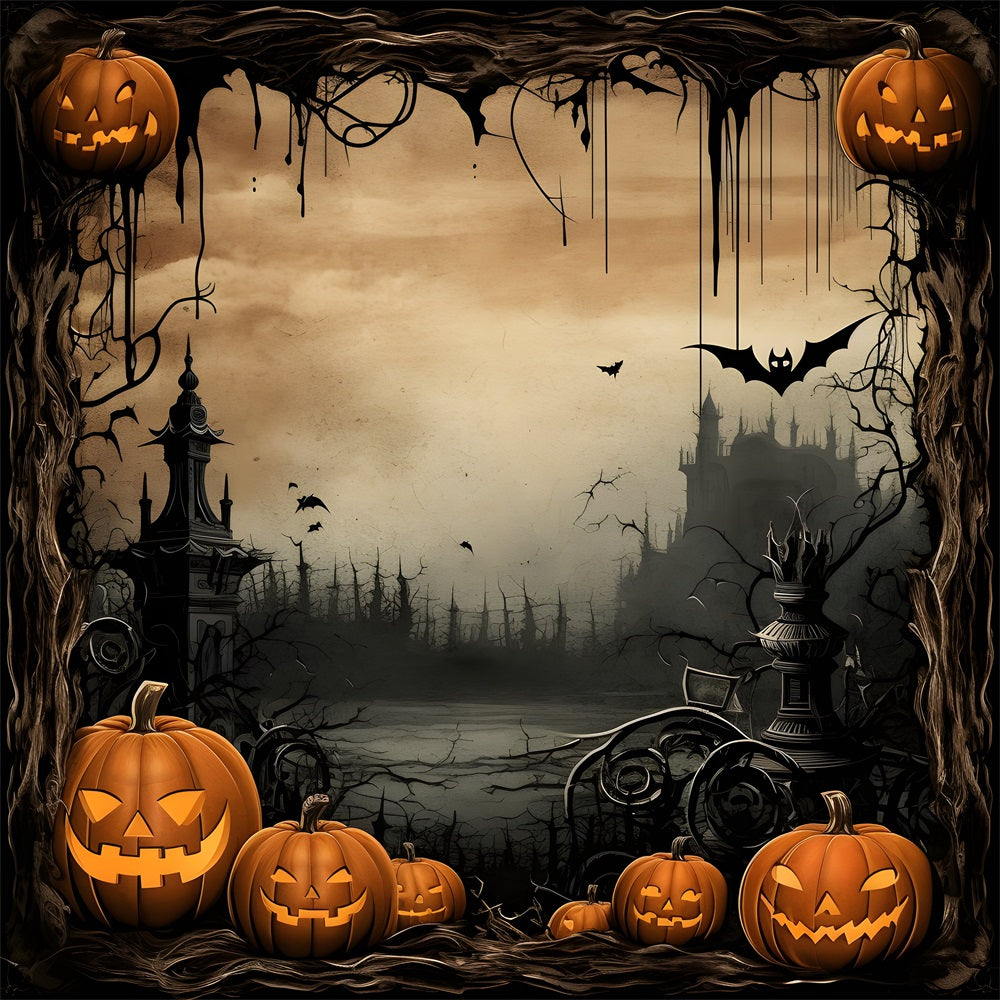 Backdrop Halloween Pillars Shadows Pumpkins Bats Backdrop BRP10-232