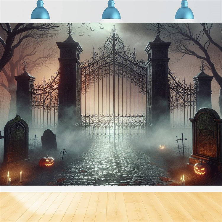 Halloween Photo Backdrop Foggy Cemetery Haunted Gate Backdrop BRP10-233