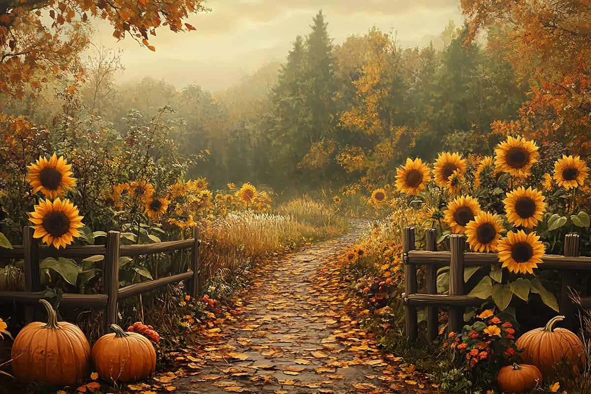 Fall Backdrops Sunflowers Pumpkins Woodland Trail Backdrop BRP10-241