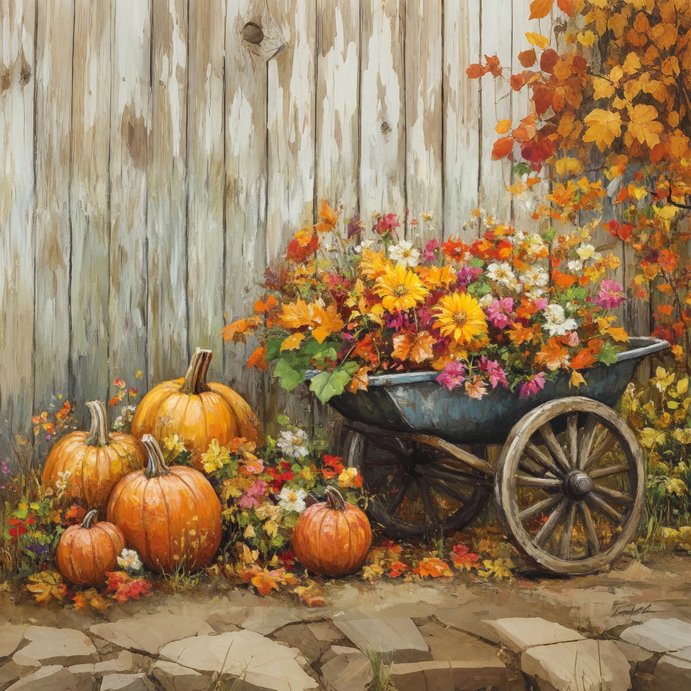 Fall Photo Backdrops Harvest Cart Flowers Backdrop BRP10-243