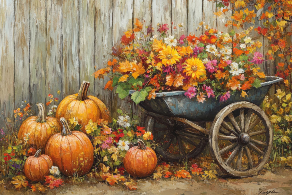 Fall Photo Backdrops Harvest Cart Flowers Backdrop BRP10-243