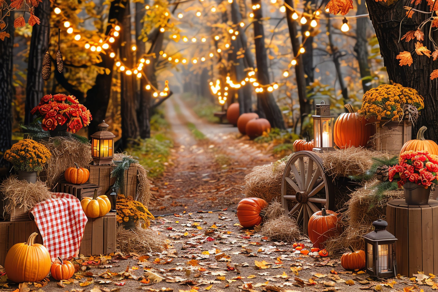 Autumn Photo Backdrop Haystack Pumpkins Trail Lights Backdrop BRP10-257