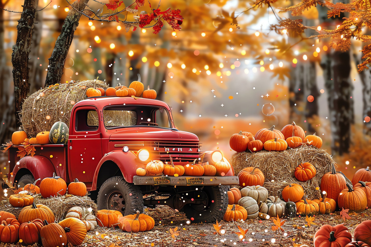 Fall Photography Backdrop Truck Pumpkins Hay Forest Backdrop BRP10-258