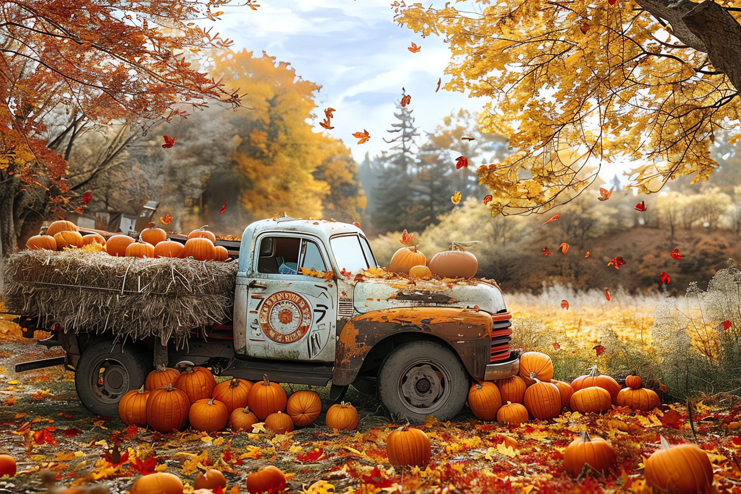 Fall Photo Booth Backdrop Truck Harvest Pumpkins Backdrop BRP10-259