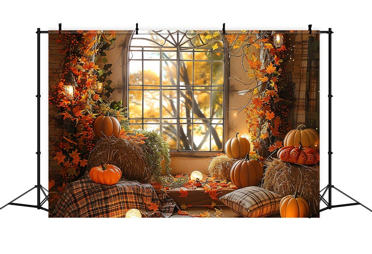 Fall Photoshoot Backdrop Window Pumpkins Hay Bales Backdrop BRP10-260