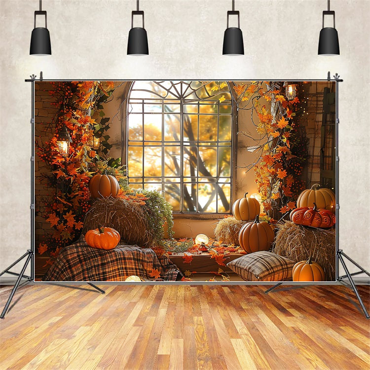 Fall Photoshoot Backdrop Window Pumpkins Hay Bales Backdrop BRP10-260