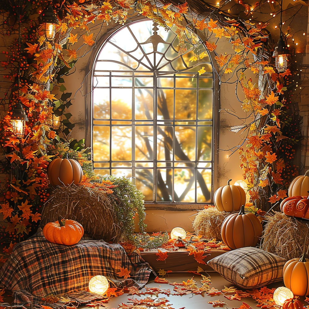 Fall Photoshoot Backdrop Window Pumpkins Hay Bales Backdrop BRP10-260