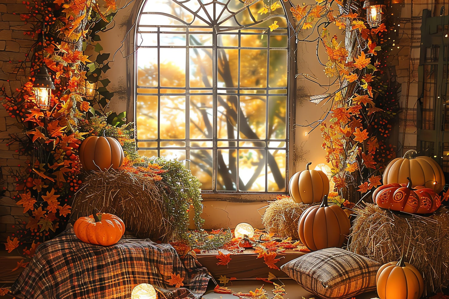 Fall Photoshoot Backdrop Window Pumpkins Hay Bales Backdrop BRP10-260