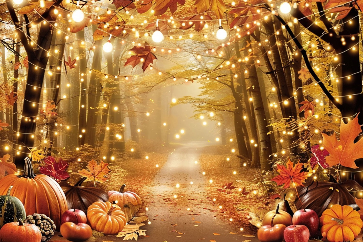 Autumn Forest Backdrop Pumpkins Leaves Lighted Backdrop BRP10-261