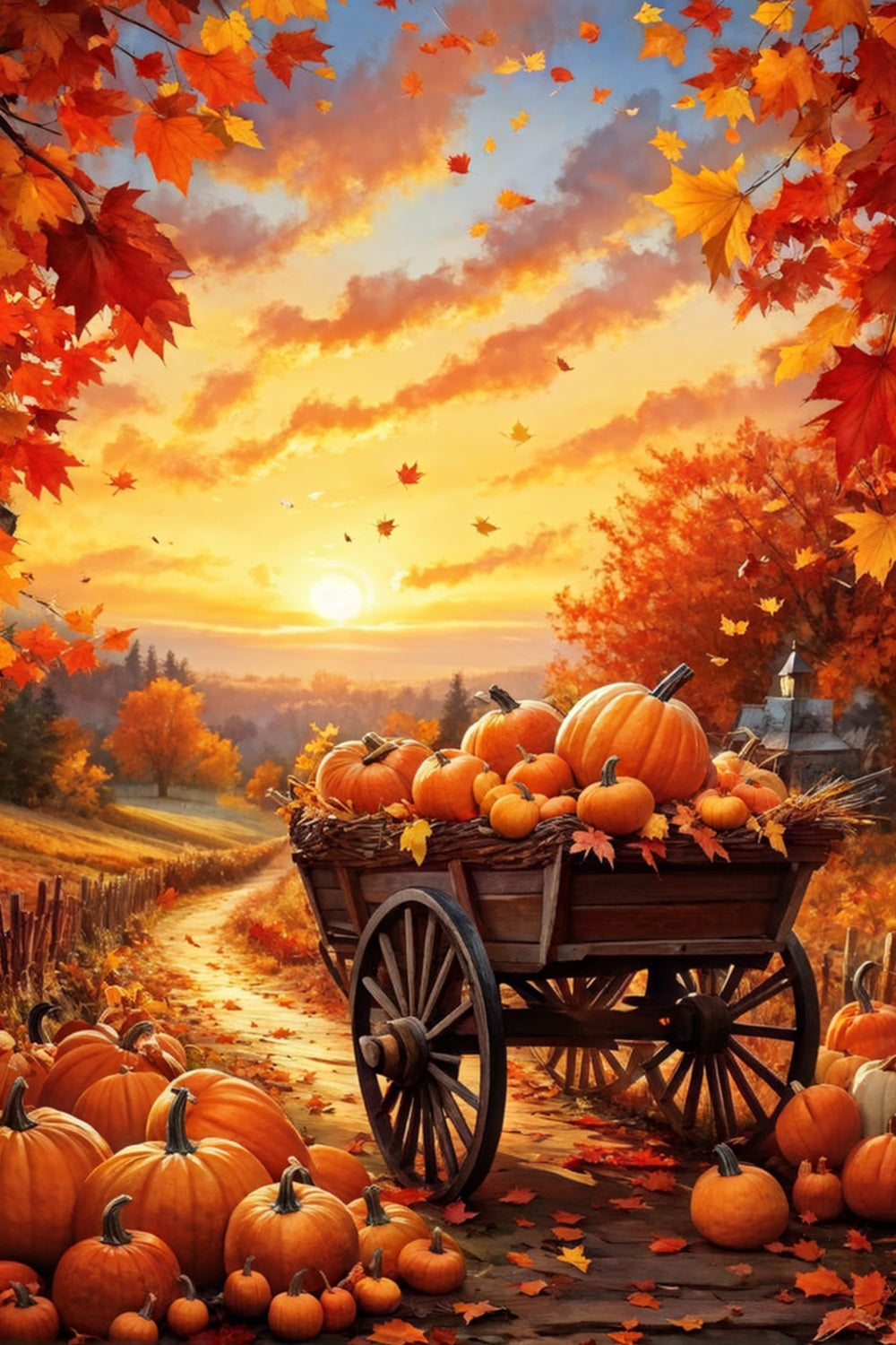 Fall Photography Backdrops Pumpkin Wagon Pathway Sunset Backdrop BRP10-264