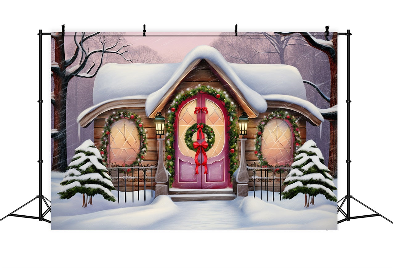 Winter Snow-Covered Cottage Christmas Wreaths Backdrop BRP10-27