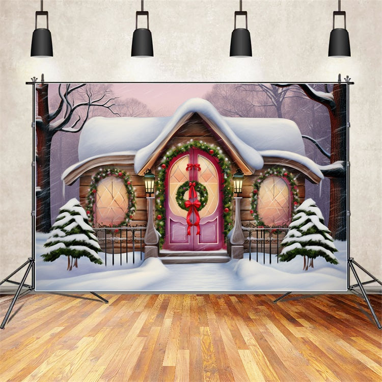 Winter Snow-Covered Cottage Christmas Wreaths Backdrop BRP10-27