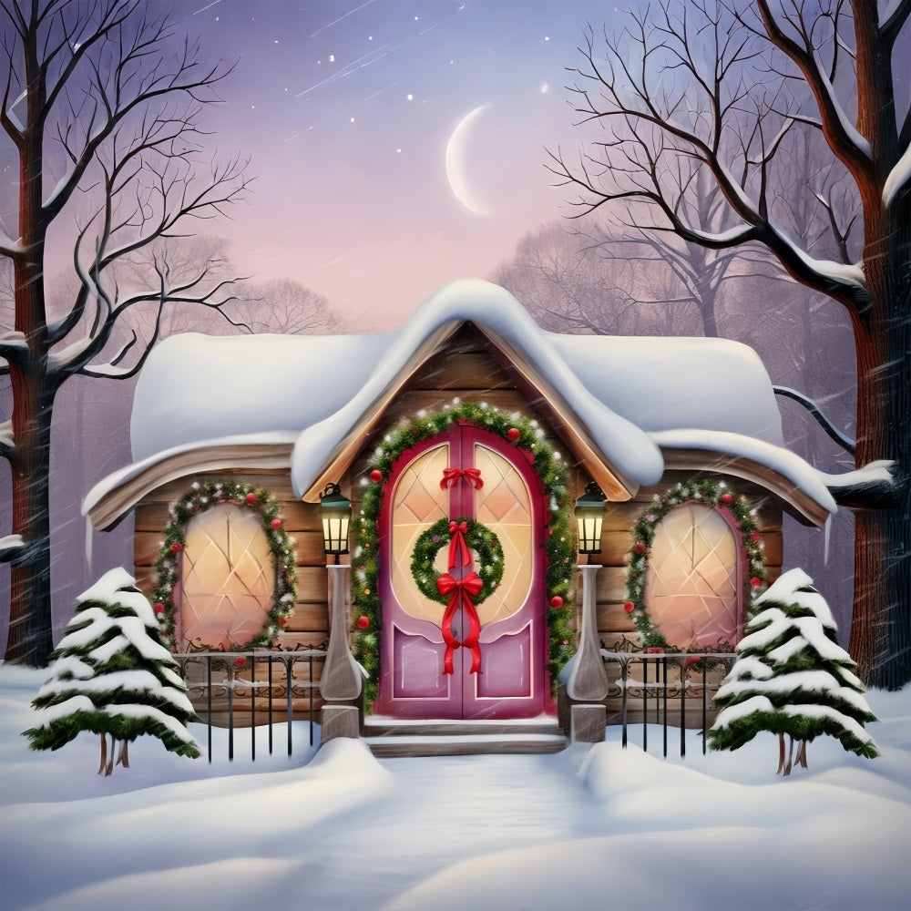 Winter Snow-Covered Cottage Christmas Wreaths Backdrop BRP10-27