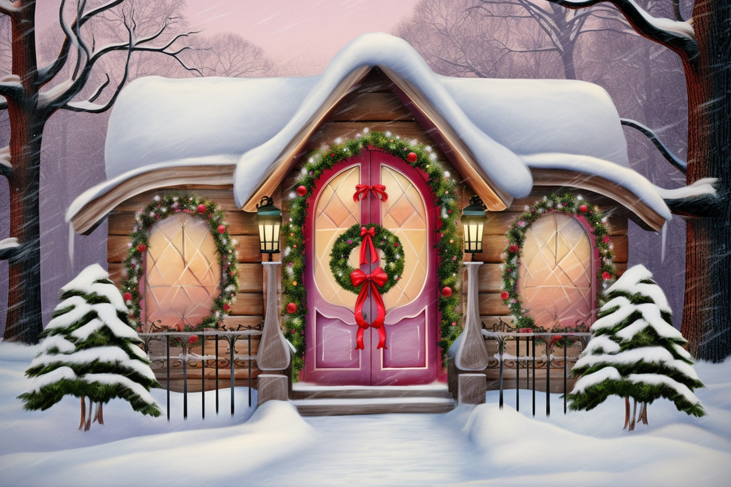 Winter Snow-Covered Cottage Christmas Wreaths Backdrop BRP10-27