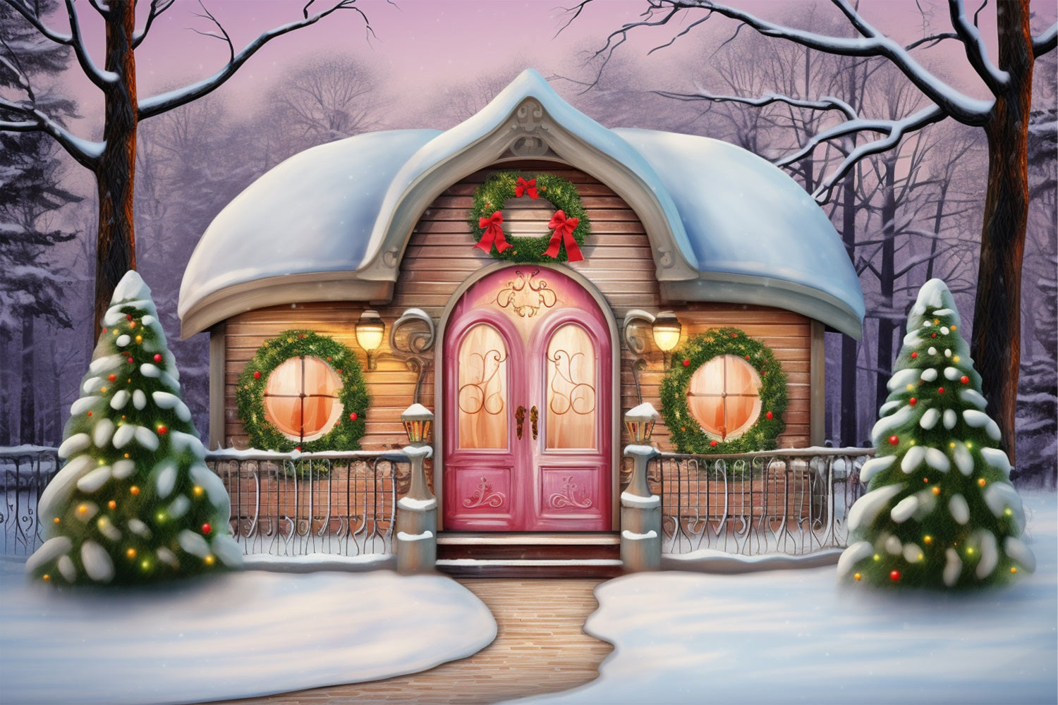 Winter Magical Pink Cottage Decorated Backdrop BRP10-28