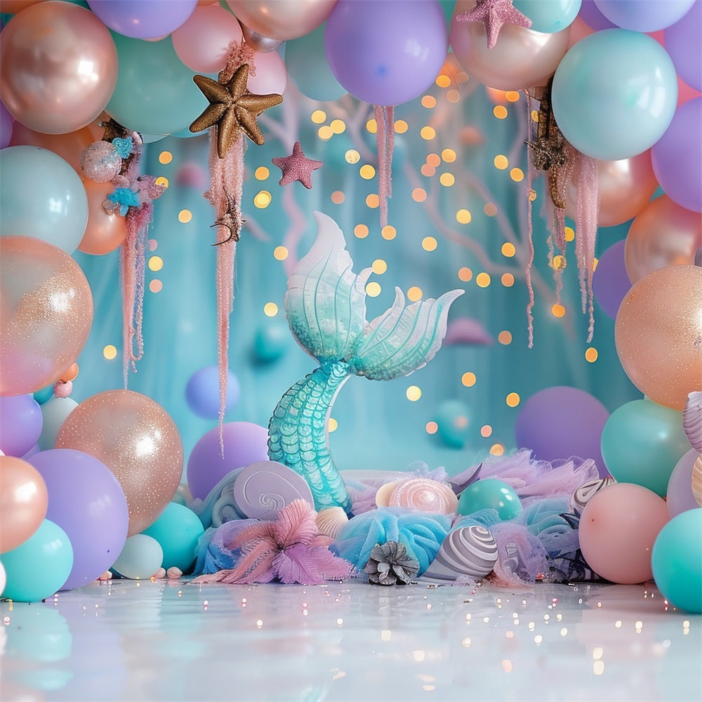 Birthday Photo Backdrop Pastel Balloons Mermaid Tail Backdrop BRP10-305