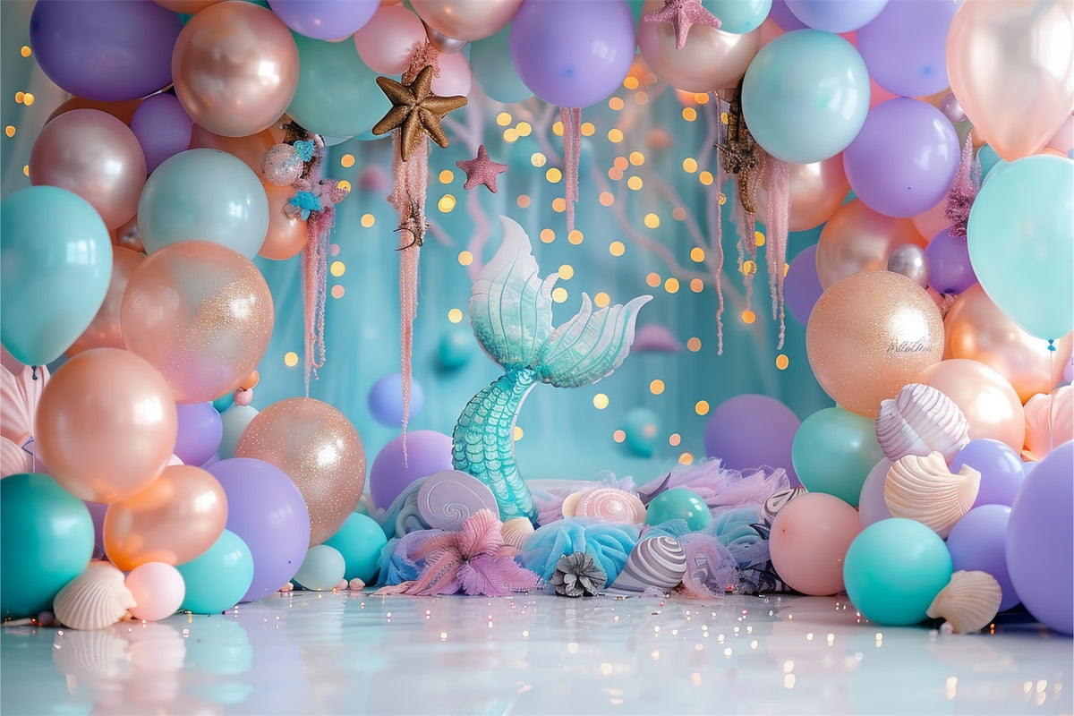 Birthday Photo Backdrop Pastel Balloons Mermaid Tail Backdrop BRP10-305