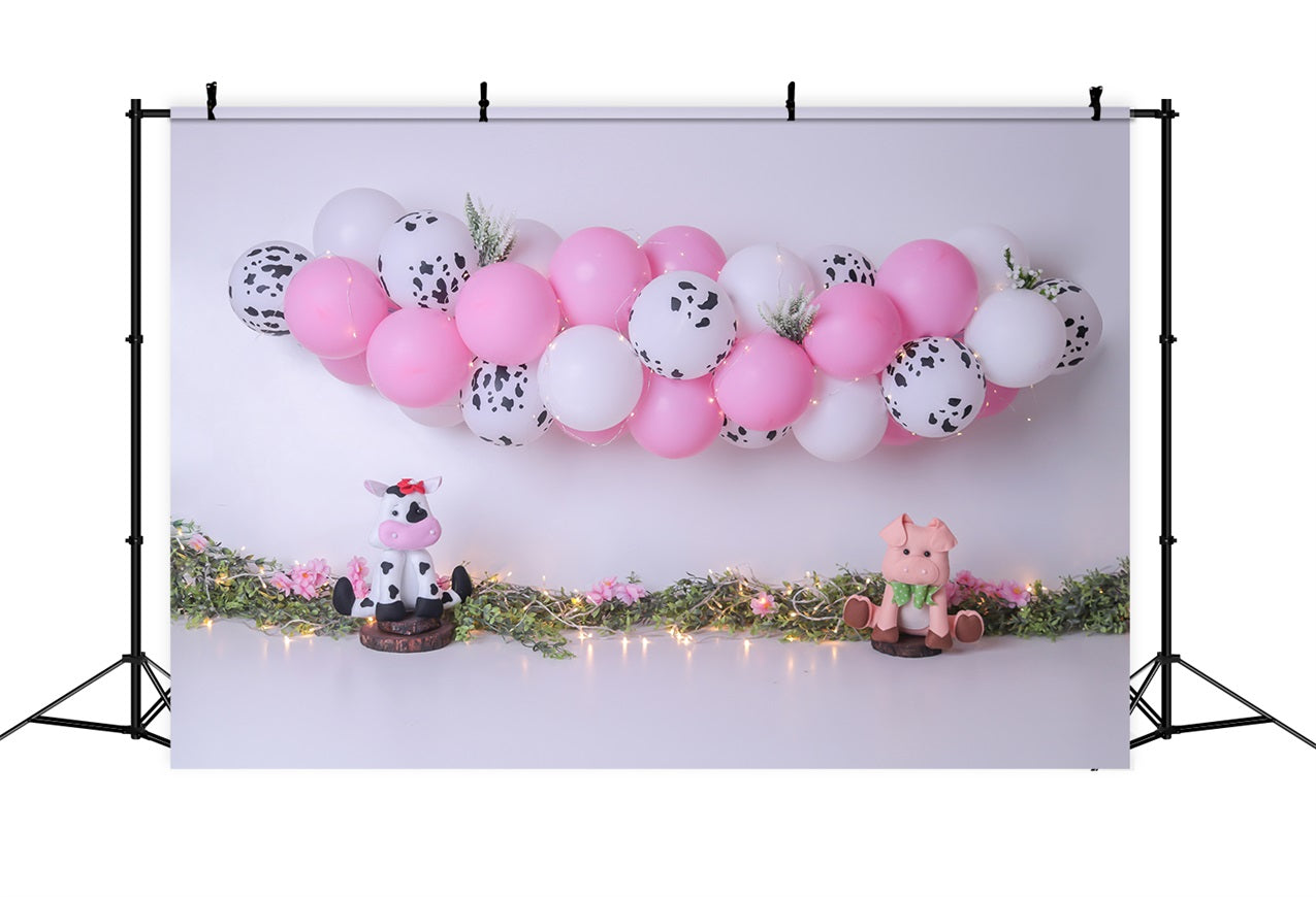 Backdrops For Birthday Farm-Themed Cow Pig Balloon Backdrop BRP10-339