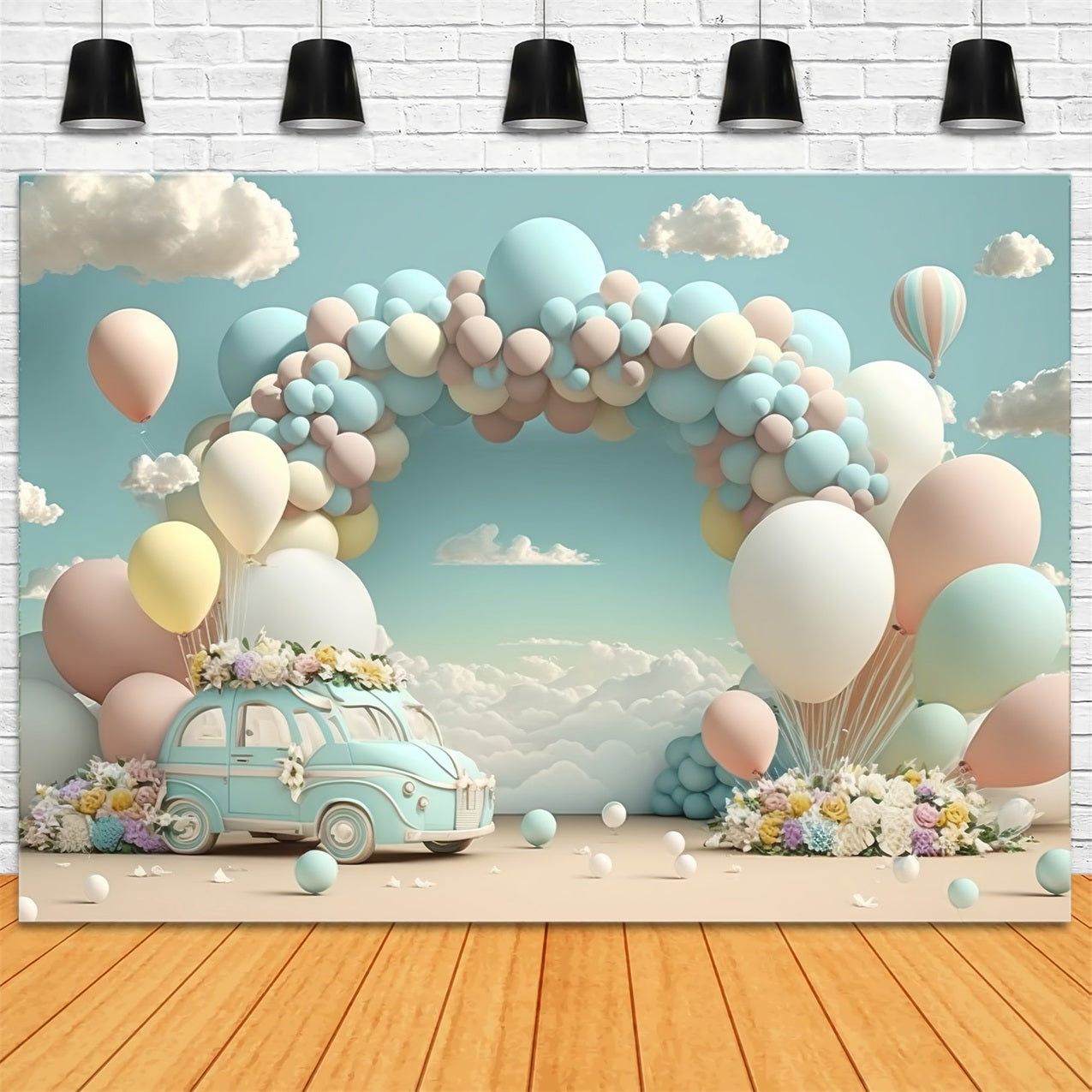 Backdrop For Birthday Vintage Car Balloon Cloud Backdrop BRP10-341