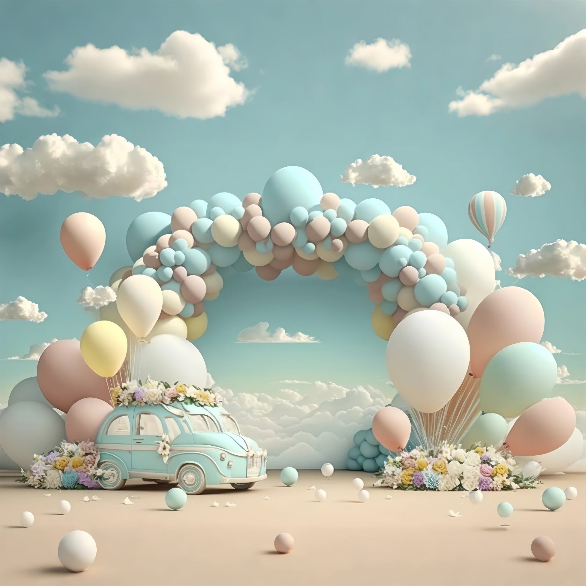 Backdrop For Birthday Vintage Car Balloon Cloud Backdrop BRP10-341