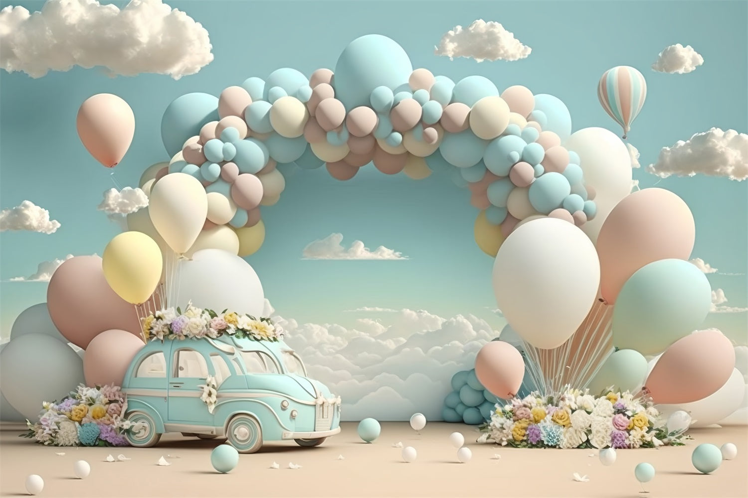 Backdrop For Birthday Vintage Car Balloon Cloud Backdrop BRP10-341