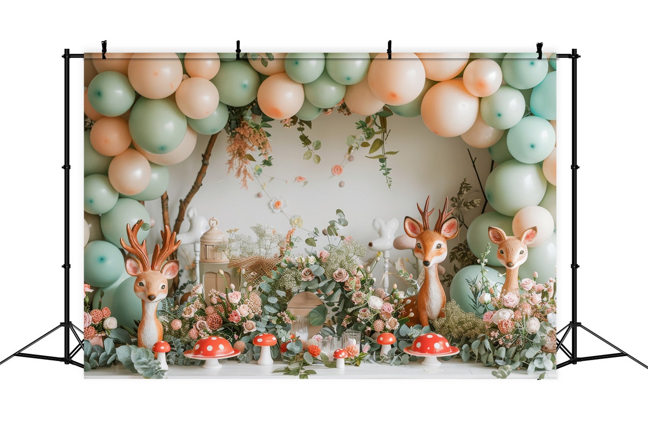 Backdrop Happy Birthday Deer Balloon Mushroom Backdrop BRP10-343