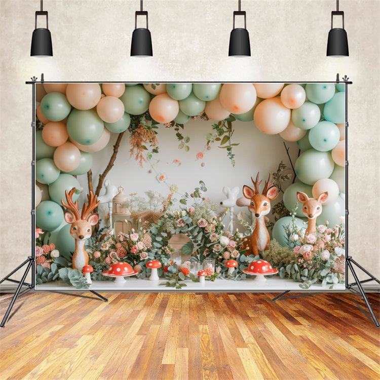 Backdrop Happy Birthday Deer Balloon Mushroom Backdrop BRP10-343