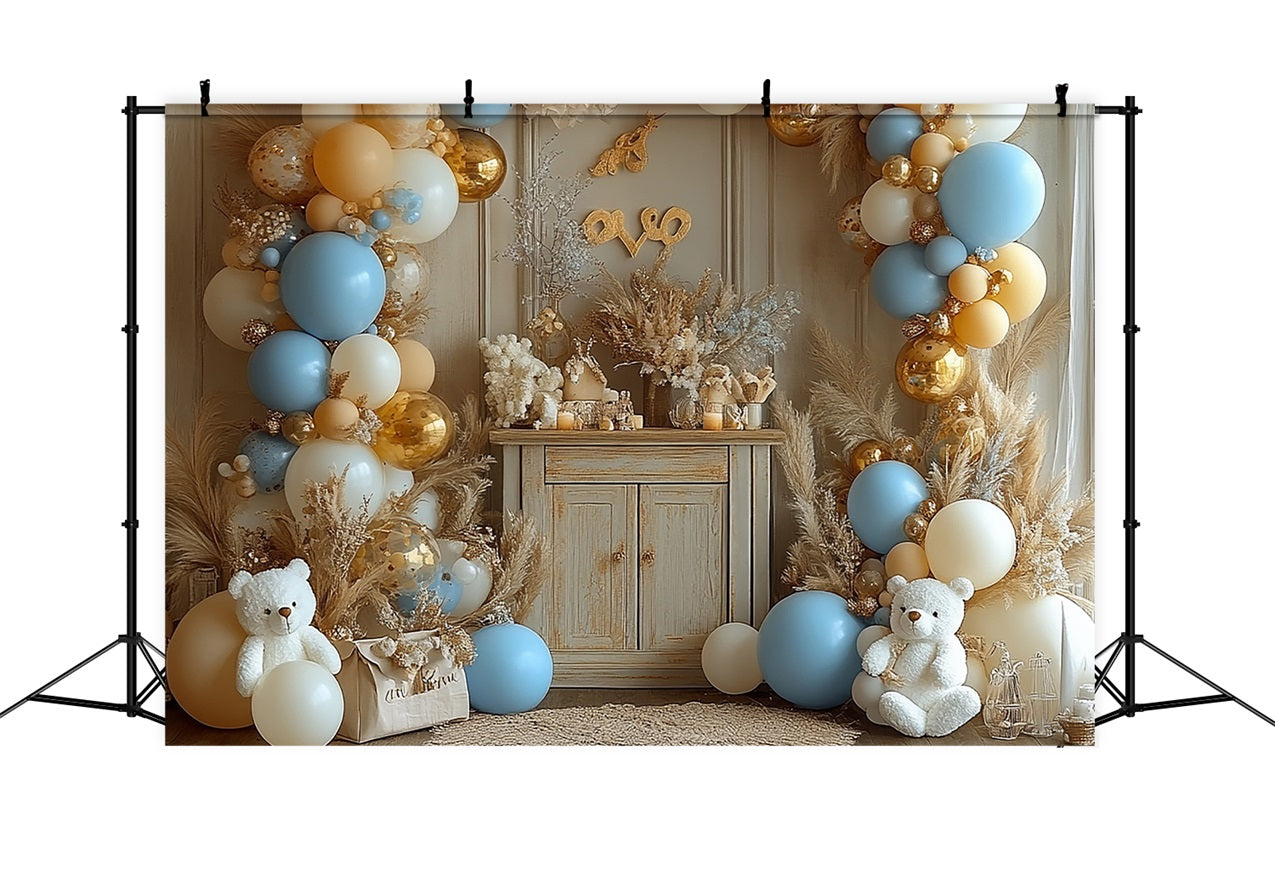 Happy Birthday Backdrop Balloons Pampas Teddy Backdrop BRP10-354