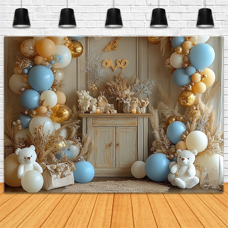 Happy Birthday Backdrop Balloons Pampas Teddy Backdrop BRP10-354