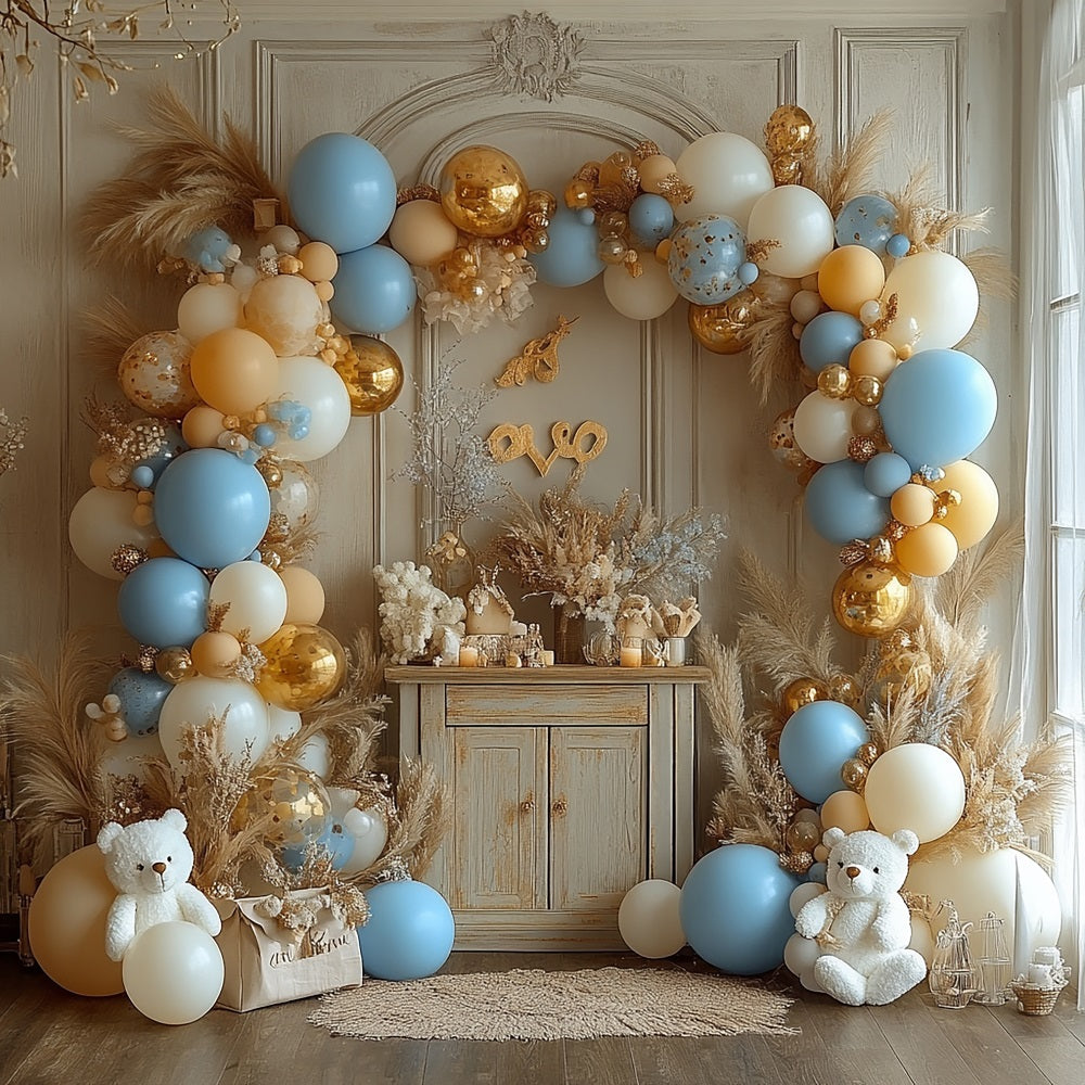 Happy Birthday Backdrop Balloons Pampas Teddy Backdrop BRP10-354