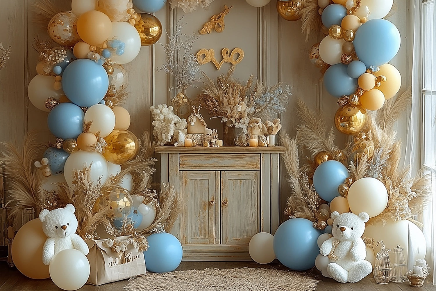 Happy Birthday Backdrop Balloons Pampas Teddy Backdrop BRP10-354