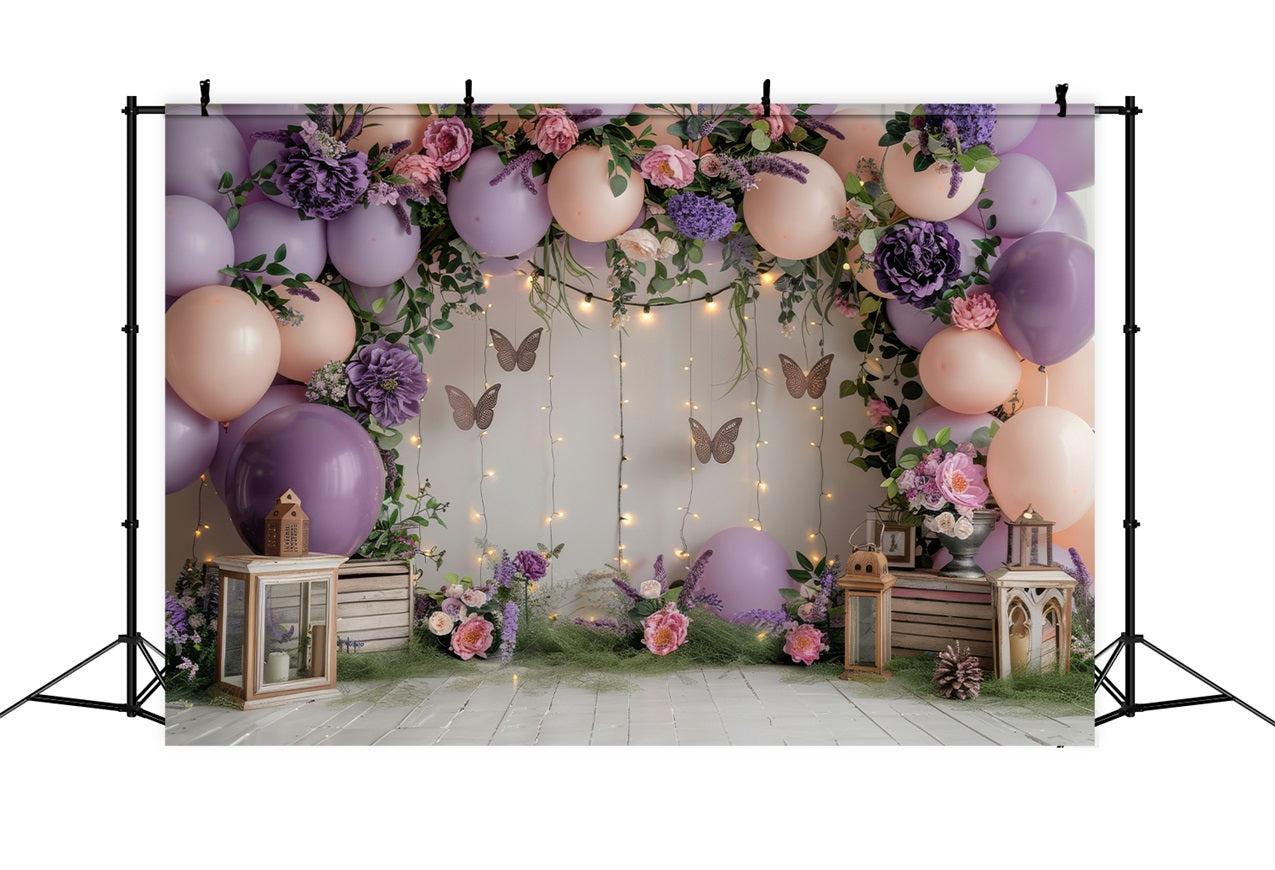 Happy Birthday Pink Background Balloons Butterfly Flowers Backdrop BRP10-355