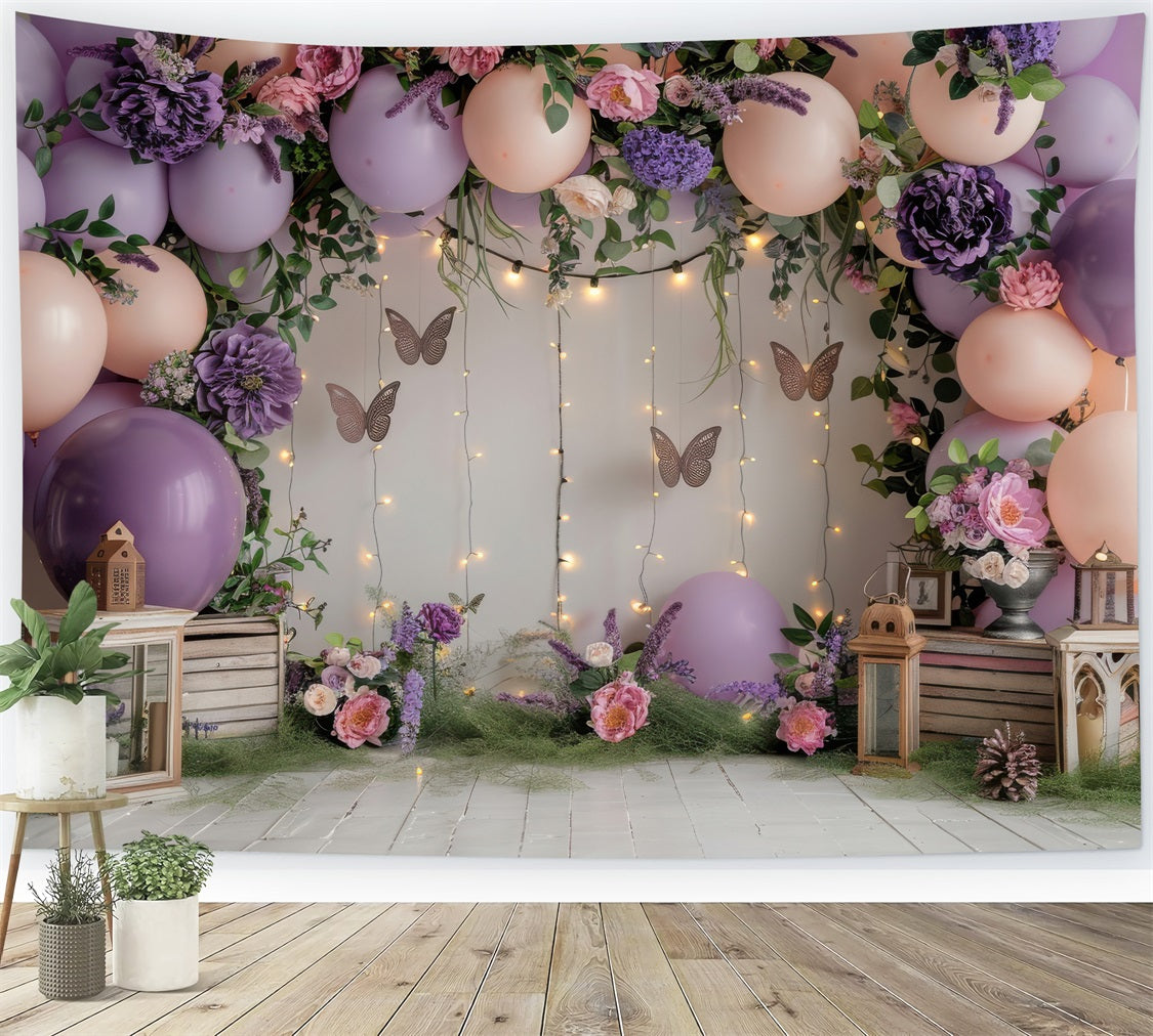 Happy Birthday Pink Background Balloons Butterfly Flowers Backdrop BRP10-355