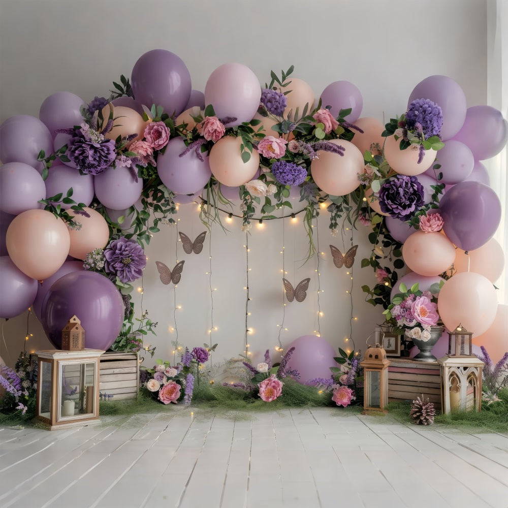 Happy Birthday Pink Background Balloons Butterfly Flowers Backdrop BRP10-355