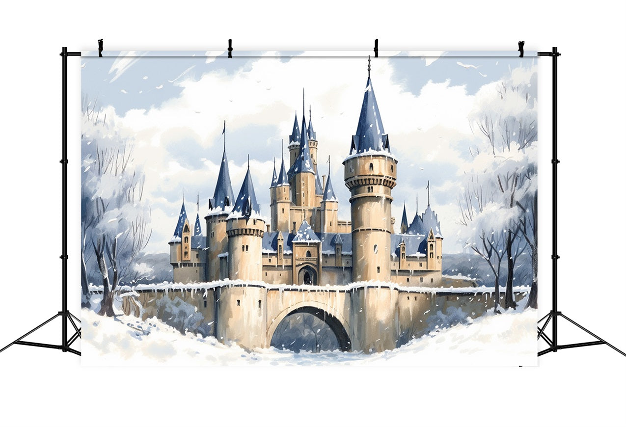 Winter Enchanted Castle Frosty Bridge Scenery Backdrop BRP10-36