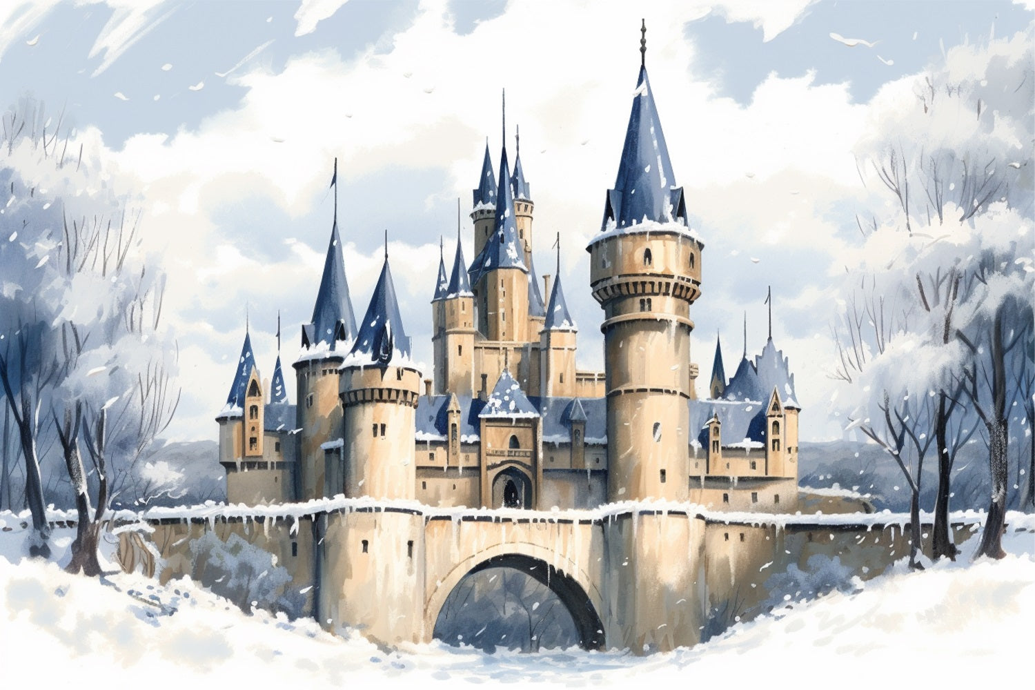 Winter Enchanted Castle Frosty Bridge Scenery Backdrop BRP10-36