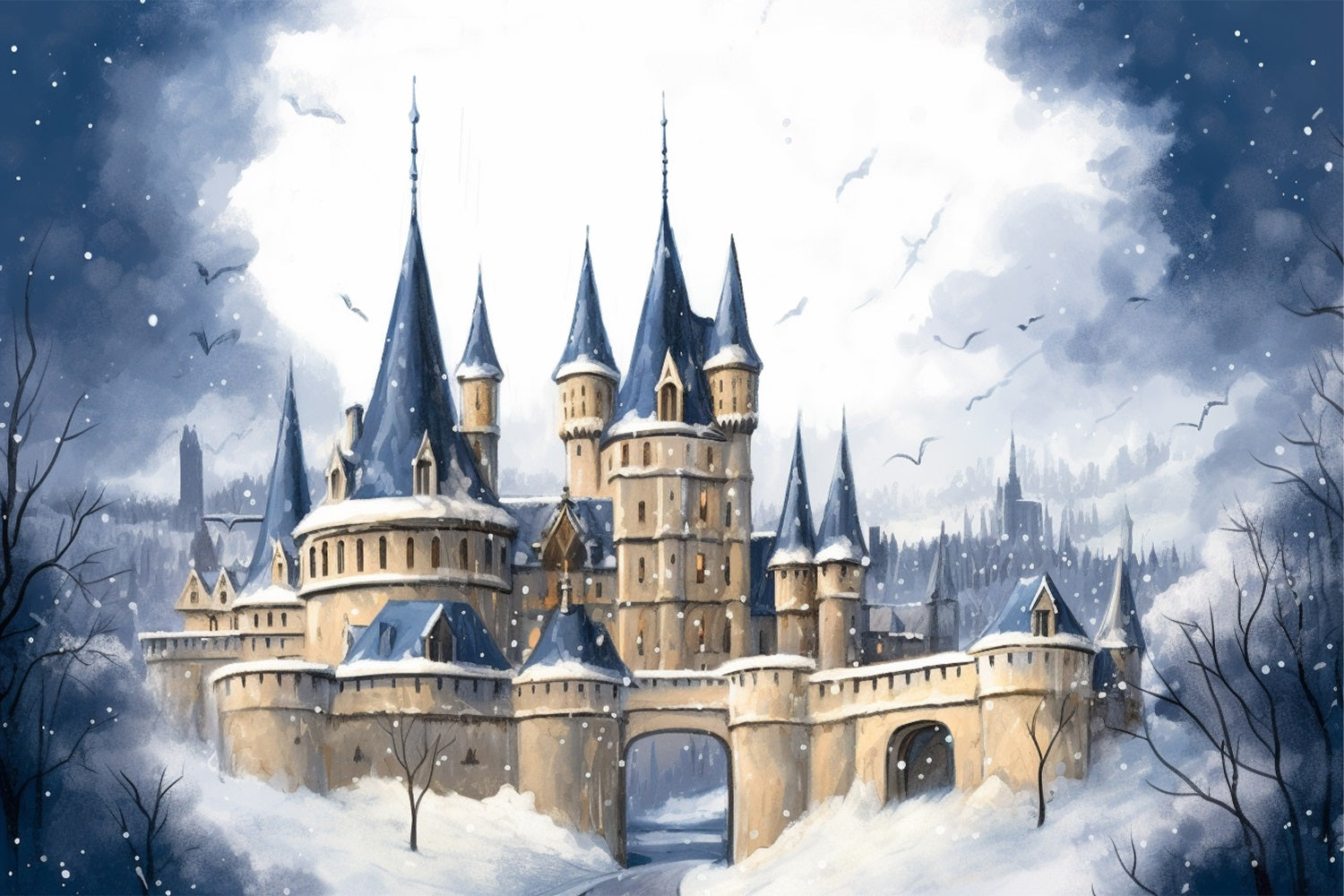 Winter Mysterious Castle Under Dark Cloudy Sky Backdrop BRP10-37