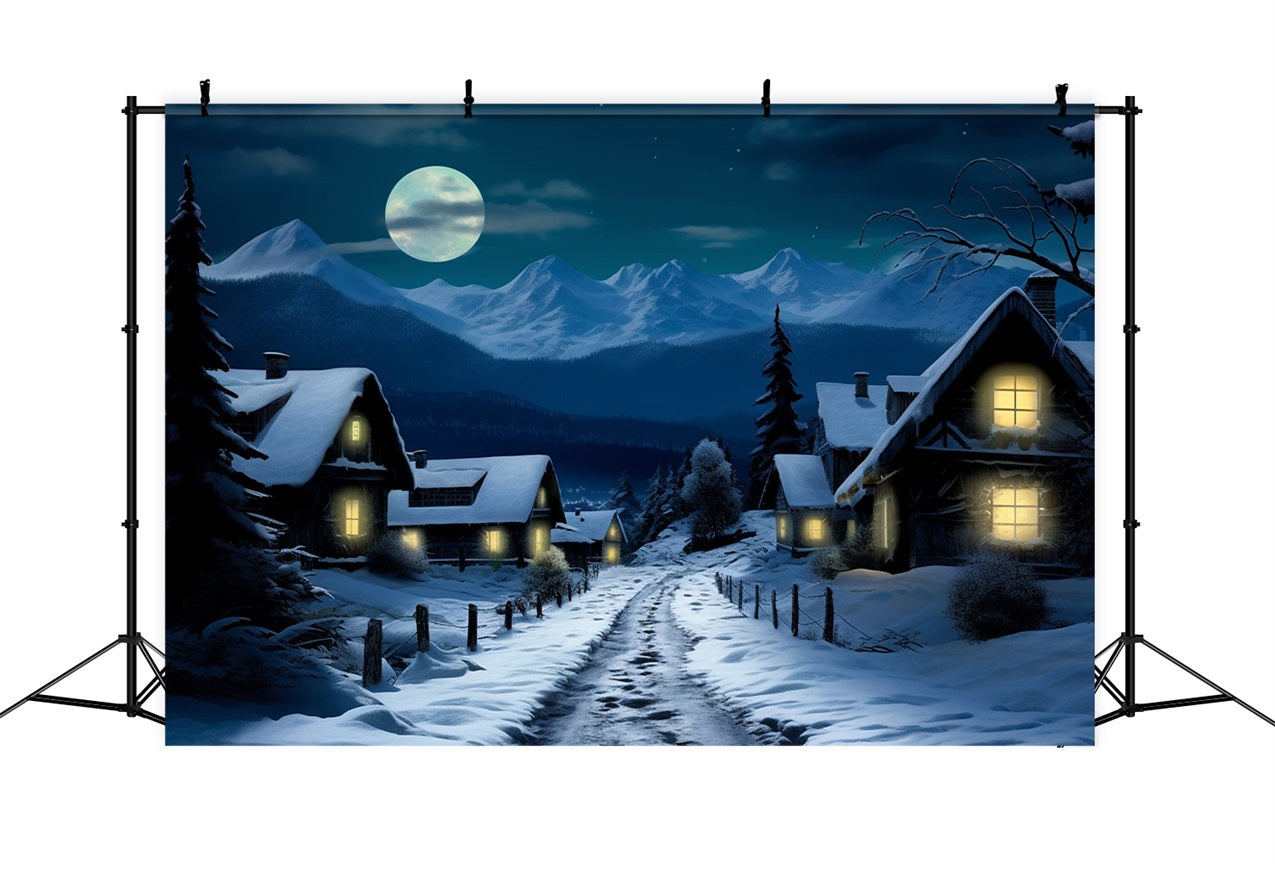 Winter Snow-Covered Village Full Moon Backdrop BRP10-38