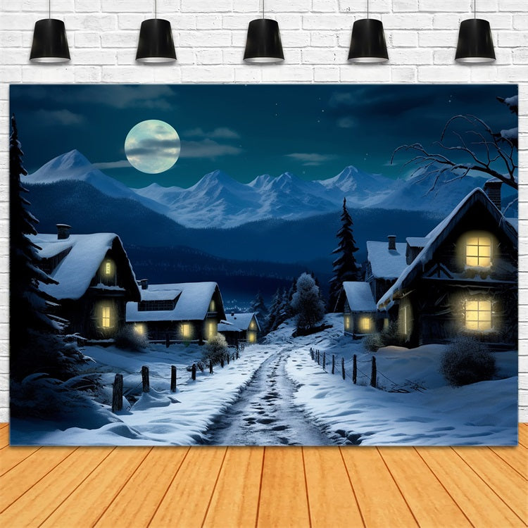 Winter Snow-Covered Village Full Moon Backdrop BRP10-38