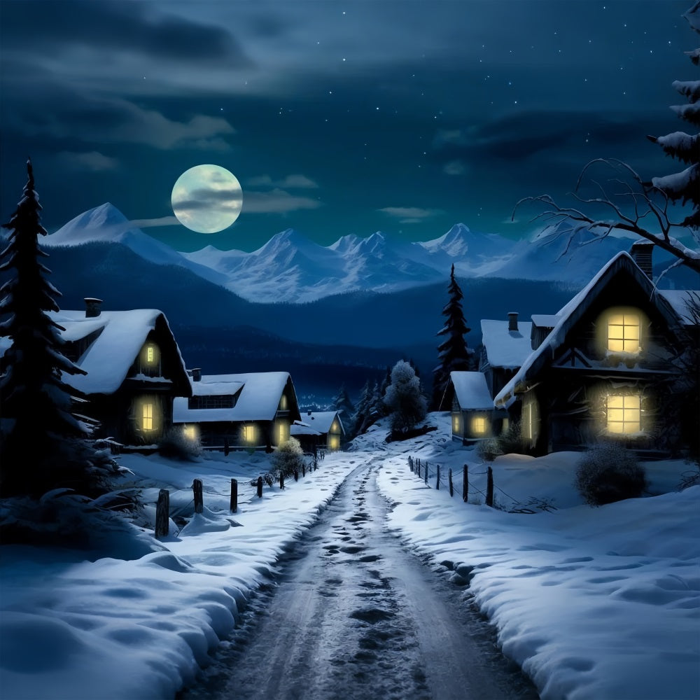 Winter Snow-Covered Village Full Moon Backdrop BRP10-38