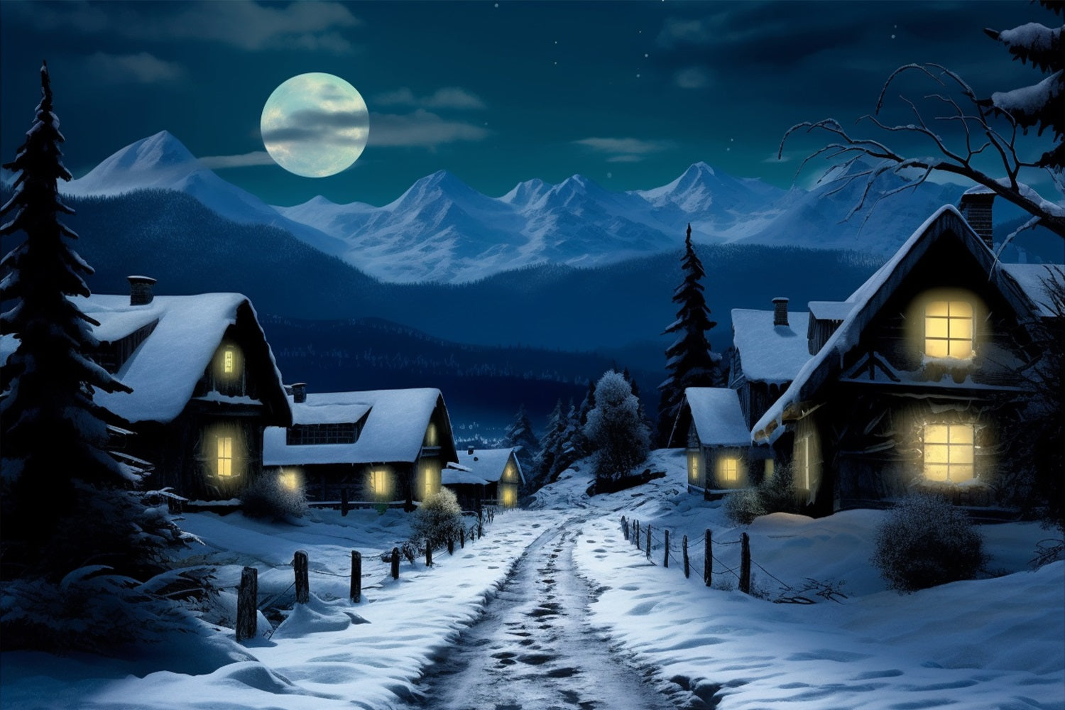 Winter Snow-Covered Village Full Moon Backdrop BRP10-38