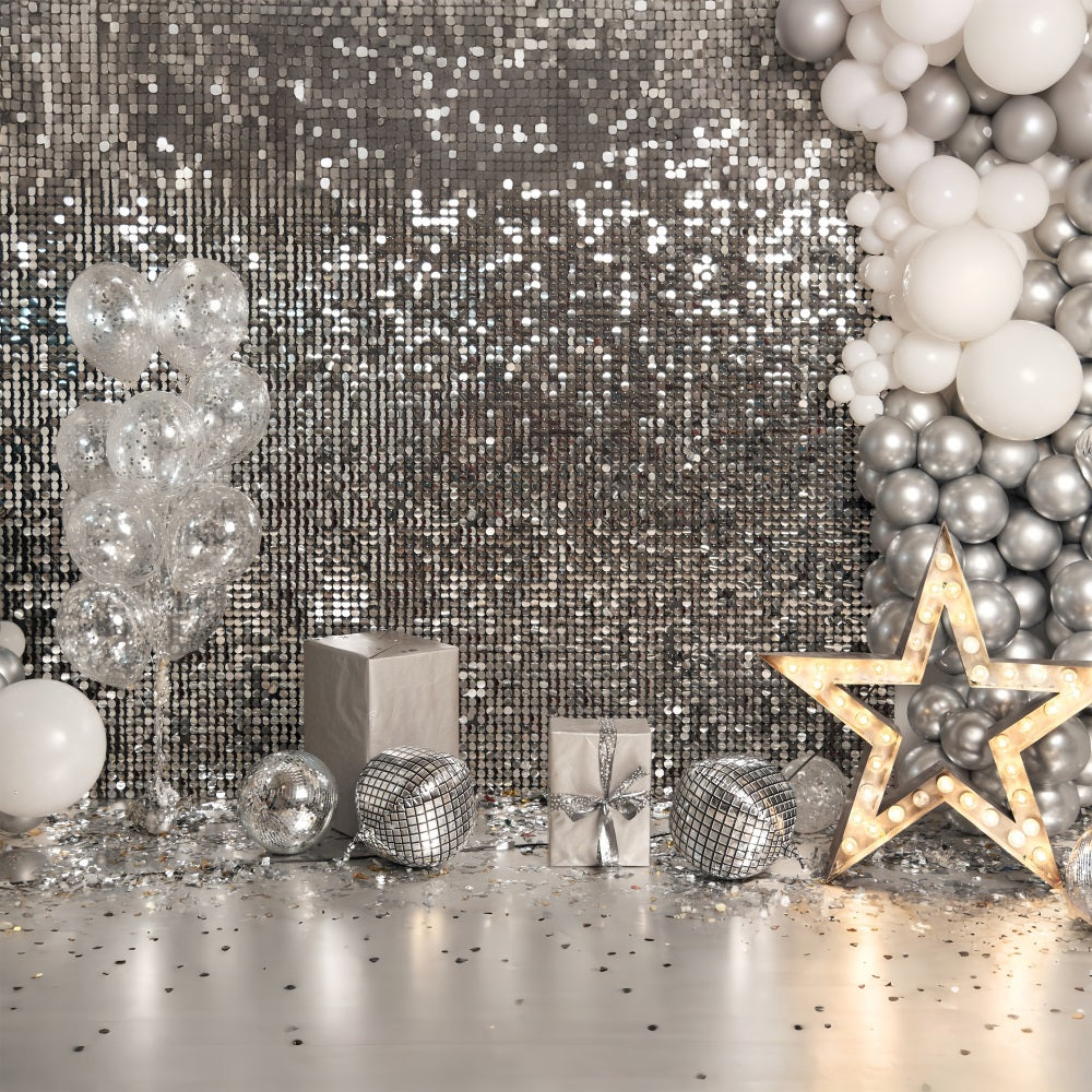 Backdrop Ideas Birthday Silver Sequin Gift Boxes Backdrop BRP10-383