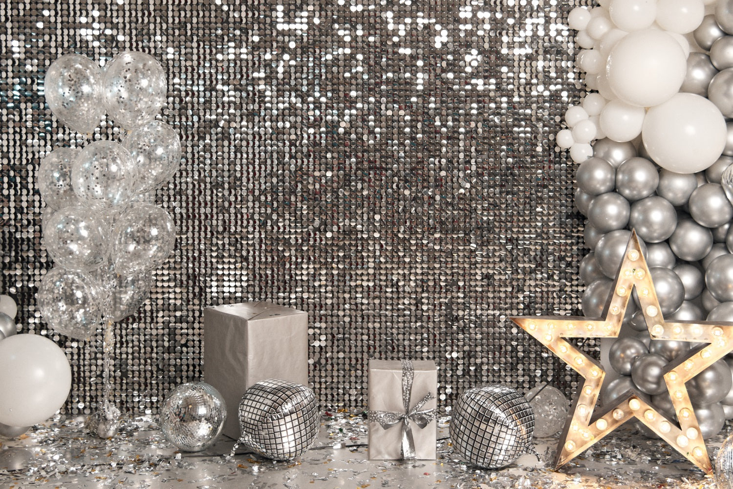 Backdrop Ideas Birthday Silver Sequin Gift Boxes Backdrop BRP10-383