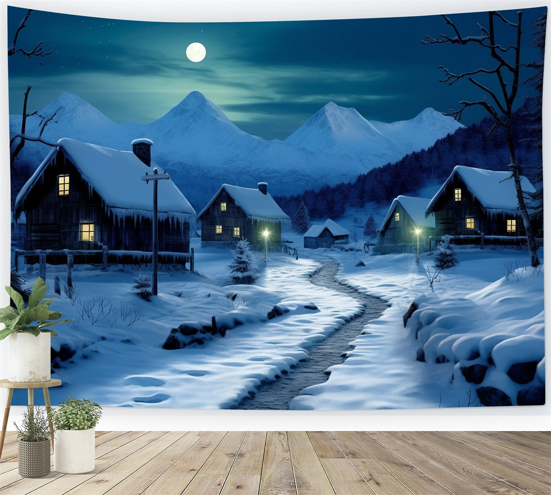 Winter Moonlit Road Cozy Snowy Cottages Backdrop BRP10-39