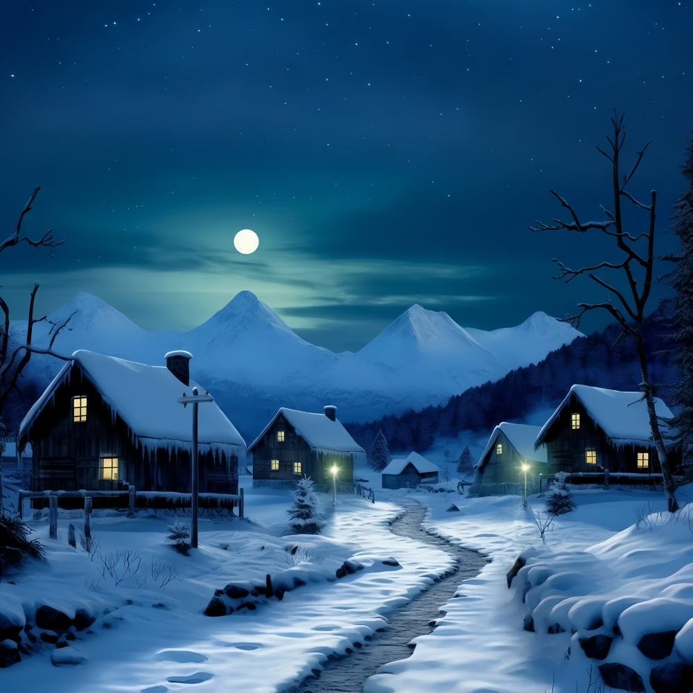 Winter Moonlit Road Cozy Snowy Cottages Backdrop BRP10-39