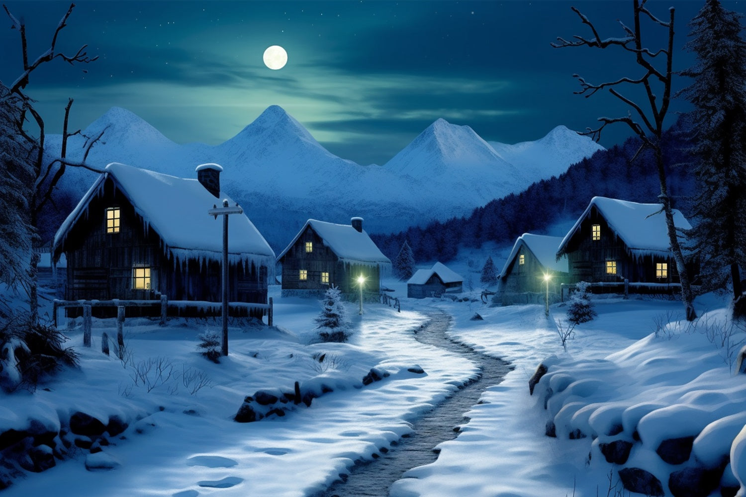 Winter Moonlit Road Cozy Snowy Cottages Backdrop BRP10-39