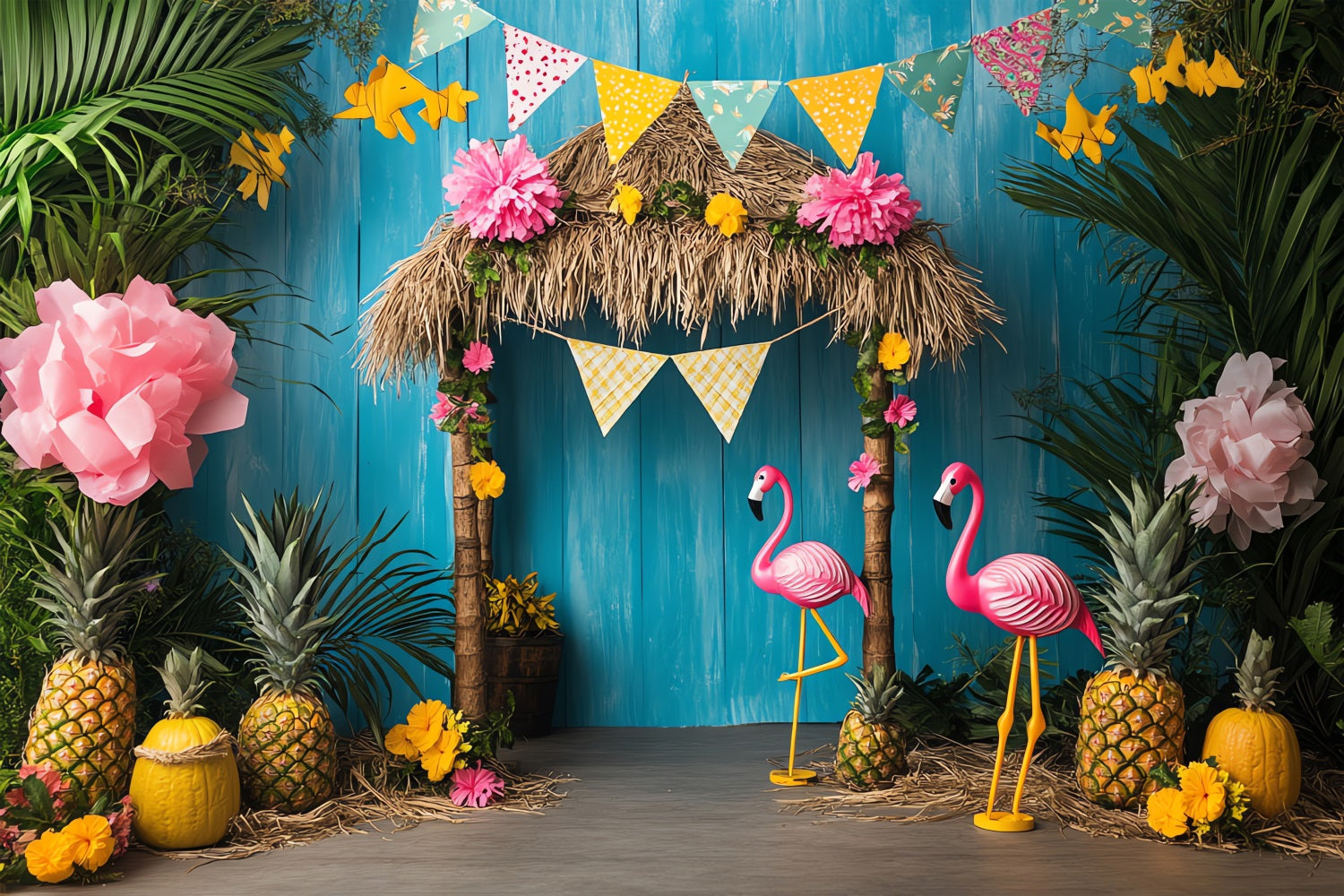 Birthday Backdrop Tiki Hut Flamingos Backdrop BRP10-399